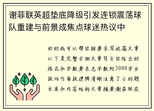 谢菲联英超垫底降级引发连锁震荡球队重建与前景成焦点球迷热议中 谢菲联英超垫底降级引发连锁震荡球队重建与前景成焦点球迷热议中