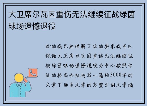 大卫席尔瓦因重伤无法继续征战绿茵球场遗憾退役
